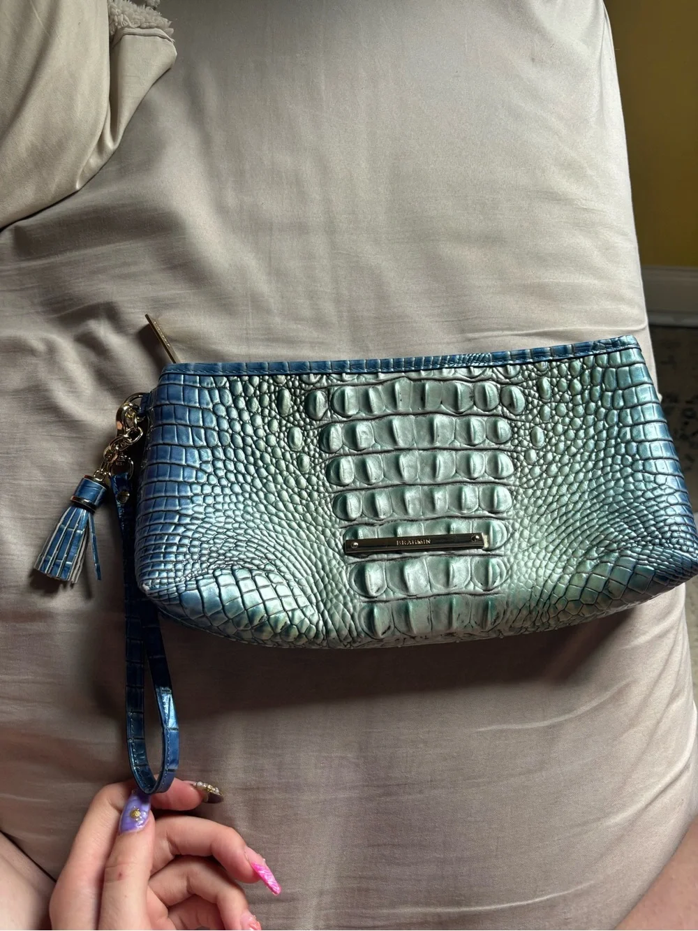 Brahmin Teal Green Iridescent Croc-Embossed Wristlet